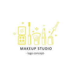 Make up studio. Logo concept. Illustration of make up attributes. Line art.