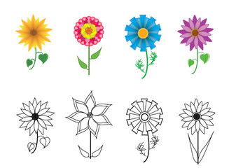Set of colorful flowers. Vector collection symbols of garden and meadow flowers.