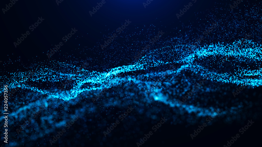 Poster Wave of particles. Abstract particle. Data visualization. Abstract digital background. 4k rendering.