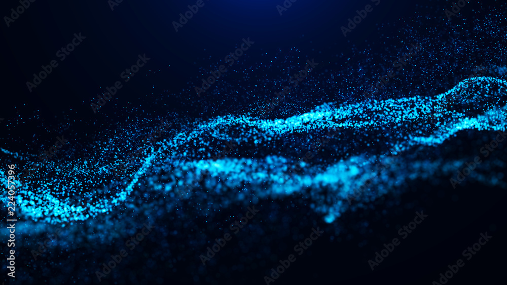 Poster Wave of particles. Abstract particle. Data visualization. Abstract digital background. 4k rendering.