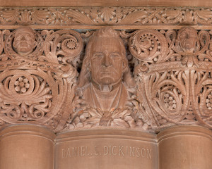Daniel S. Dickenson stonework detail in the sandstone of the Great Western Staircase inside the New...