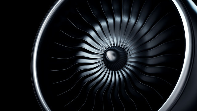 3d Illustration of jet engine, close-up view jet engine blades