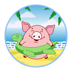 Sticker Pig with an inflatable circle in the form of a turtle on a tropical beach. Vector