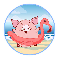 Sticker Pig with an inflatable circle in the form of flamingos on a tropical beach. Vector.
