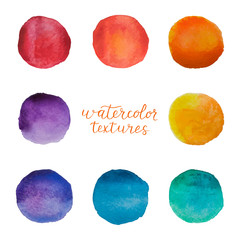 Colorful watercolor circles set. Watercolour stains on white background. Rainbow polka dots elements. Vector illustration © Liubov