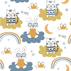 Modèle sans couture enfantin avec des chats mignons et un lapin. fond de vecteur pour les enfants, tissu, textile, décoration de pépinière, papier d& 39 emballage