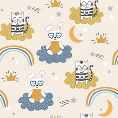 Kinderachtig naadloos patroon met schattige katten en konijntjes. vectorachtergrond voor kinderen, stof, textiel, kinderkamerdecoratie, inpakpapier