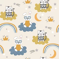 Foto op Plexiglas Kinderachtig naadloos patroon met schattige katten en konijntjes. vectorachtergrond voor kinderen, stof, textiel, kinderkamerdecoratie, inpakpapier © neapol