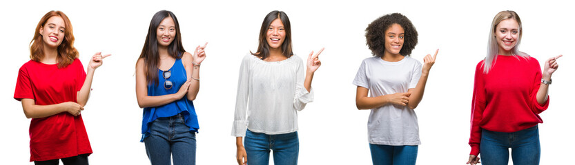 Collage of group of beautiful Chinese, asian, african american, caucasian women over isolated background with a big smile on face, pointing with hand and finger to the side looking at the camera.