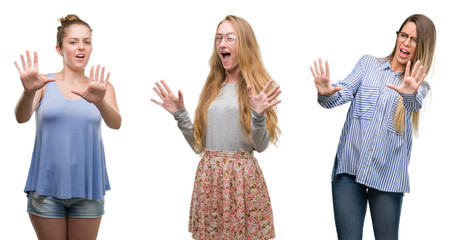 Collage of group of blonde women over isolated background afraid and terrified with fear expression stop gesture with hands, shouting in shock. Panic concept.