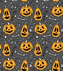Seamless Halloween pattern for card, banner, poster templates. Hand drawn traditional symbols pumpkins, bones, candies