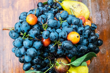 Blue grapes and pears in a vase. Fruit composition.
