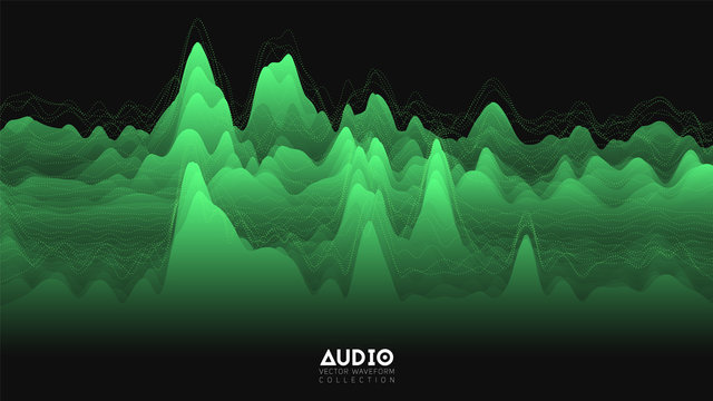 Vector 3d echo audio wavefrom spectrum. Abstract music waves oscillation graph. Futuristic sound wave visualization. Green glowing impulse pattern. Synthetic music technology sample.