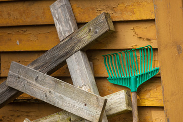Standing fork harrows rake, gardening equipment.