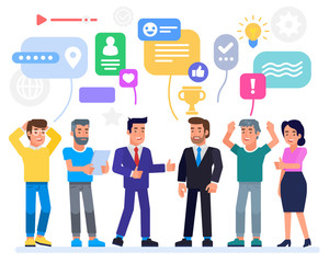 Successful Business Team with trophy icon and speech bubbles