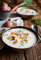 Lohikeitto – traditional salmon soup with potato, carrot and dill