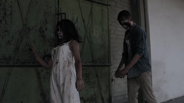 Two zombies are walking with an abandoned house on the background. Brunette girl with wounded face and bloody white dress and wounded male zombie are walking outdoors