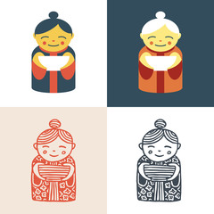 Pretty old woman chef with white dish at her hands. Vector icon set. Logo template.