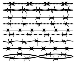 Barbed wire, set seamless brush, isolated silhouette. Barbwire vector background - obrazy, fototapety, plakaty