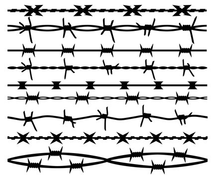 Barbed wire, set seamless brush, isolated silhouette. Barbwire vector background