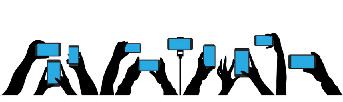 Crowd of people shoot the event on a smartphone. In the hands of the camera shoots a video at a party concert. Isolated silhouette set vector