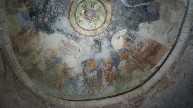 Fresco on the dome of the altar, scene of the communion. Jesus Christ gives his apostles bread and wine. Saint Nicholas church in Demre, Turkey.