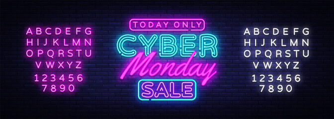 Cyber Monday banner in fashionable neon style, luminous signboard, nightly advertising advertisement of sales rebates of cyber Monday. Vector Illustration. Editing text neon sign