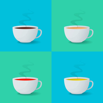 Set of white cups with espresso, coffee with milk, black and green tea. Vector illustration.