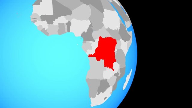 Closing in on Dem Rep of Congo on simple political globe. 3D illustration.