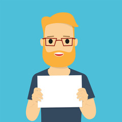 Young man holds a blank poster in his hands. Vector illustration
