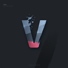 Beautiful pink grey Letter of font. Creative Letter V with brush strokes, drops, splashes and spray. Liquid character of English alphabet on dark background. Vector modern design element for your art