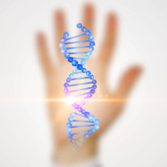 Dna helix hologram over blurred hand background