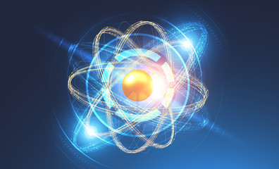 Gold and blue atom model and hud over blurred blue