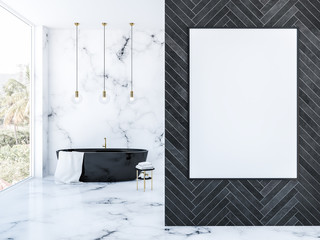 Black wood loft bathroom, black tub and poster