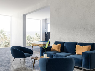 White living room interior, couch and armchairs