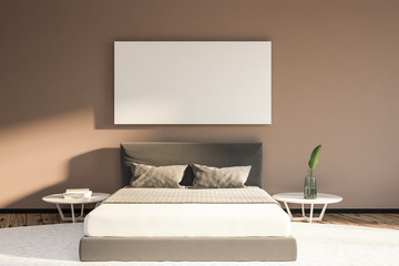 Beige master bedroom with white bed, poster