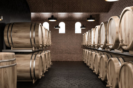 Brick and black wine cellar, rows of kegs