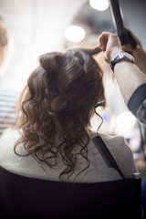 Female hairdresser standing and making hairstyle to cute lovely young woman in beauty salon