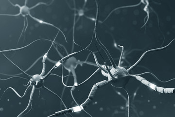 Gray neurons with glowing fragments over gray