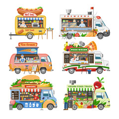 Food truck vector street food-truck vehicle and fastfood delivery transport with hotdog or pizza illustration set of man character selling in foodtruck isolated on white background