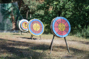 Archery targets at various distances on a range
