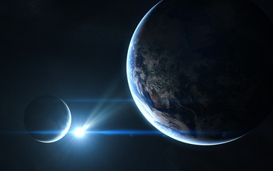 Earth and moon in blue sunlight. Abstract science fiction. Elements of the image are furnished by...