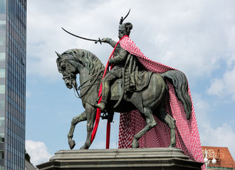 Obraz premium Statue of Ban Josip Jelacic, erected by Anton Dominik Fernkorn on the Jelacic square in Zagreb in 1866. Jelacic, a Croatian national hero, had supported Croatian independence during the Hapsburg rule