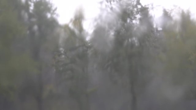 heftiger Regen prasselt auf die Windschutzscheibe eines stehenden Autos