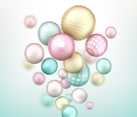 3d multicolored decorative balls flying randomly. Beautiful three-dimensional spheres in pastel colors. Composition of cool geometric shapes. Abstract vector background. Futuristic design.