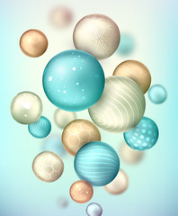 Fototapeta na wymiar 3d multicolored decorative balls flying randomly. Beautiful three-dimensional spheres in pastel colors. Composition of cool geometric shapes. Abstract vector background. Futuristic design.