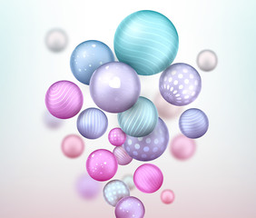 3d multicolored decorative balls flying randomly. Beautiful three-dimensional spheres in pastel colors. Composition of cool geometric shapes. Abstract vector background. Futuristic design.
