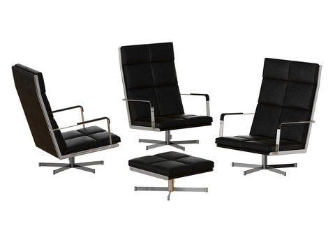 Three black office chair and pouf 3d rendering