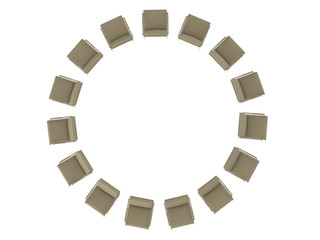 Beige office armchair stands in a circle 3d rendering
