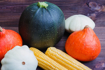 Autumn Vegetables on Wooden Table. Organic Food Background